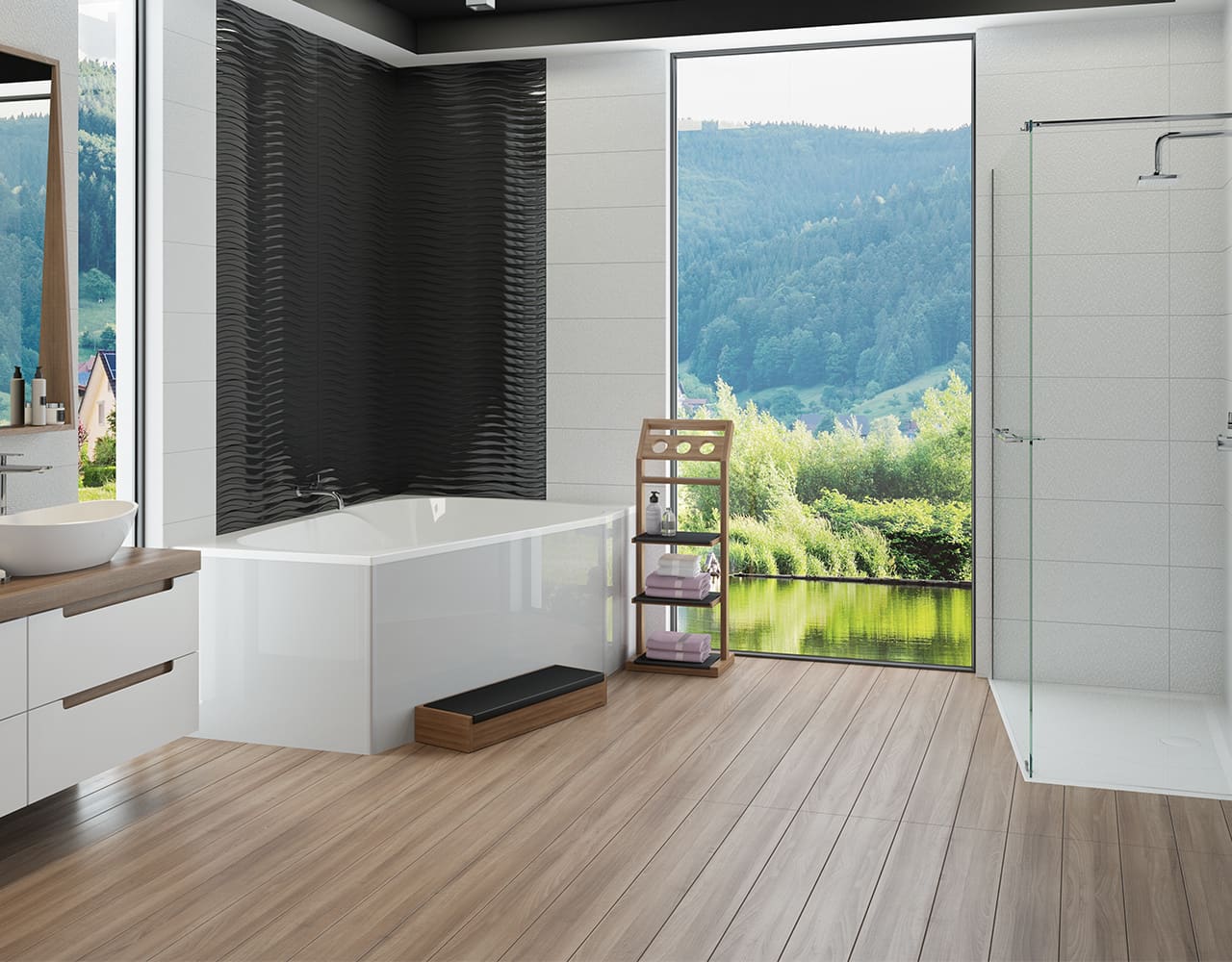 Bäder, Badmöbel und Heizungen eingebaut in einem modernen Bad mit Badewanne, Dusche und Waschtisch